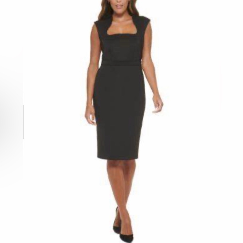 Calvin Klein Black Curved Neck Scuba Midi Sheath Dress